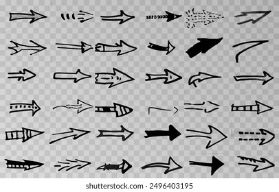 Set of abstract hand drawn arrows different direction and points on an isolated transparent background. Arrows vector png.