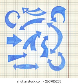 Set of abstract hand drawn arrows for your design. Blue marker hand drawn cursor.
