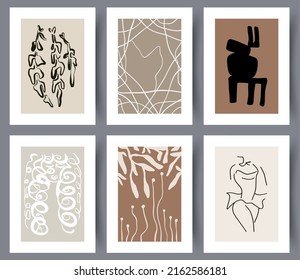 Set of abstract hand drawn art wall posters for interior design. Collection of modern simple Nordic style artworks for print. Vector illustration. 