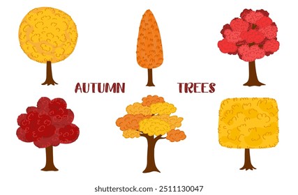 Set of abstract hand drawn autumn trees on white background. Plants of different geometric shapes, bright yellow, orange, red colors