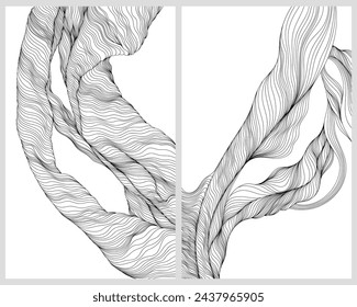 Set of abstract hand drawn backgrounds with hand drawn wavy lines. Monochrome illustration collection.