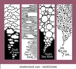 Set of abstract hand drawn banners or bookmarks with clouds bubbles and hearts in white black for   Concept of ideas dreams and love