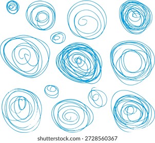 Conjunto de círculos dibujados a mano abstractos hechos con bolígrafo azul.