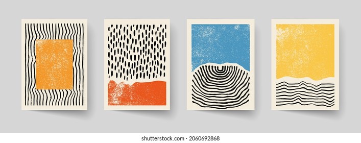 Set of abstract hand drawn compositions. Minimal geometric posters. Boho wall decor.