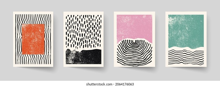 Set of abstract hand drawn compositions. Minimal geometric posters. Boho wall decor.