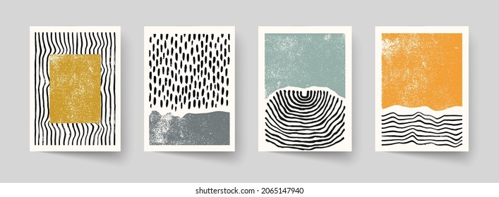 Set of abstract hand drawn compositions. Minimal geometric posters. Boho wall decor.