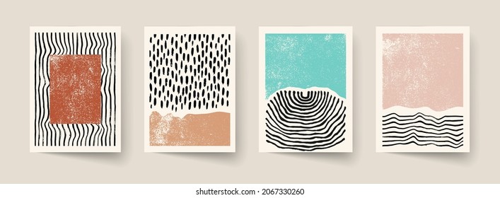 Set of abstract hand drawn compositions. Minimal geometric posters. Boho wall decor.