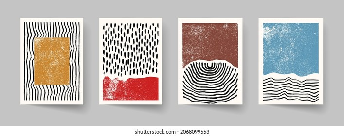 Set of abstract hand drawn compositions. Minimal geometric posters. Boho wall decor.