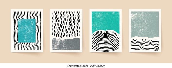 Set of abstract hand drawn compositions. Minimal geometric posters. Boho wall decor.