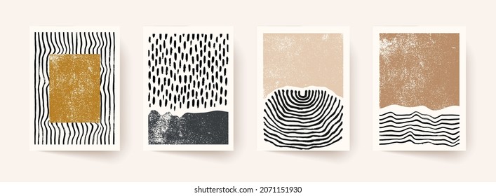 Set of abstract hand drawn compositions. Minimal geometric posters. Boho wall decor.