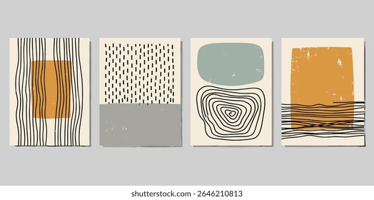 Set of abstract hand drawn compositions. Minimal geometric posters. Boho wall decor.