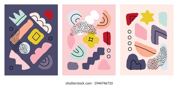 Set of abstract hand drawn doodle objects and various organic shapes. Modern collage for pre-made poster print or greeting card. Contemporary multicolored vector illustration. Editable stroke