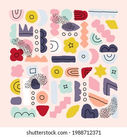 Set of abstract hand drawn doodle objects and various organic shapes. Modern collage for pre-made poster print or greeting card. Contemporary multicolored vector illustration. Editable stroke