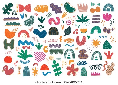 Set of abstract hand drawn doodle shapes, cartoon style. Irregular shapes, dots, lines, figures, flowers and plants