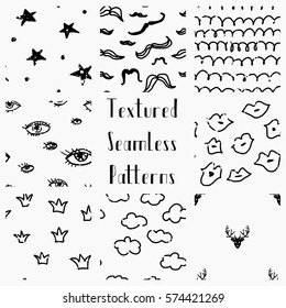 Set of Abstract Hand Drawn Doodle Geometric Black and White Grunge Textured Seamless Background Patterns. Fully Editable EPS file with Pattern Swatches