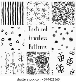Set of Abstract Hand Drawn Doodle Geometric Black and White Grunge Textured Seamless Background Patterns. Fully Editable EPS file with Pattern Swatches