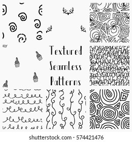Set of Abstract Hand Drawn Doodle Geometric Black and White Grunge Textured Seamless Background Patterns. Fully Editable EPS file with Pattern Swatches