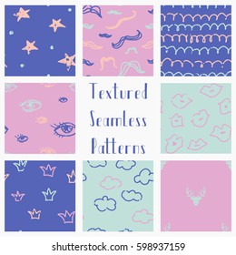 Set of Abstract Hand Drawn Doodle Geometric Colorful Grunge Textured Seamless Background Patterns. Fully Editable EPS file with Pattern Swatches