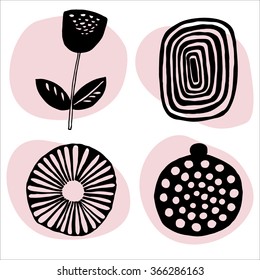 Set of abstract hand drawn floral elements on pastel pink spots. Doodle tile design. Vector illustration eps8