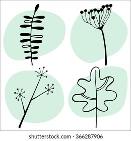 Set of abstract hand drawn floral elements on pastel blue spots. Doodle tile design. Vector illustration eps8