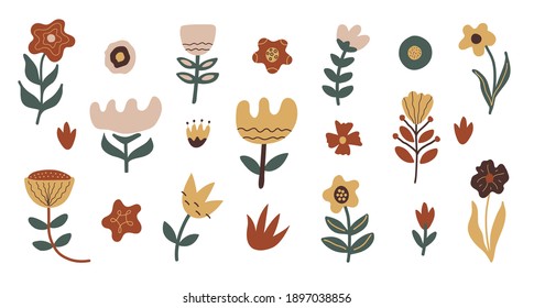 Set of abstract hand drawn flowers and organic doodle shapes isolated on white background. Modern contemporary vector design