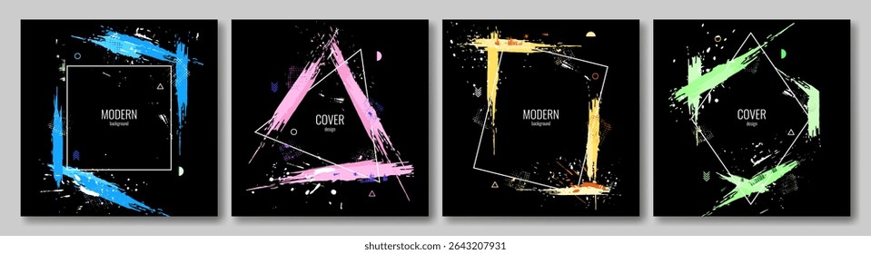 Set of abstract hand drawn frames. Colorful brush strokes. Vector grunge overlay. Place for text.