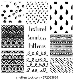 Set of Abstract Hand Drawn Geometric Black and White Grunge Textured Seamless Background Patterns. Fully Editable EPS file with Pattern Swatches
