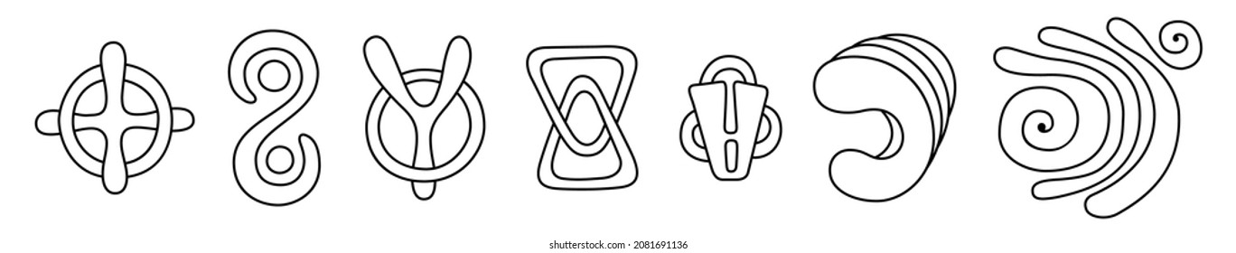 Set of abstract hand drawn icons, shapes, symbols. Vector outline symbols, isolated on white background. Vector shapes collection. Design elements, logo, tattoo.
