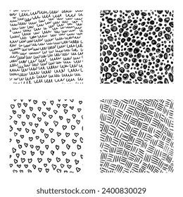 Conjunto de patrones abstractos de textura de tinta dibujada a mano. Cuatro texturas impecables con corazones, puntos, círculos, líneas curvas. Ilustración moderna 