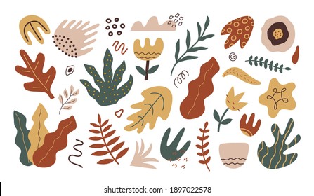 Conjunto de hojas dibujadas a mano abstractas, flores y formas de doodle aisladas en fondo blanco. Diseño vectorial contemporáneo moderno