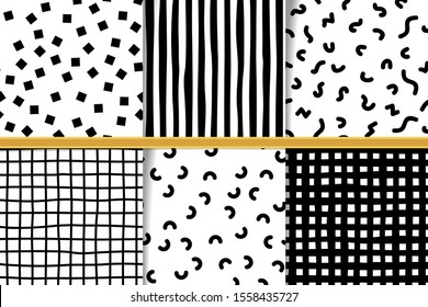 Set of abstract hand drawn monocolor seamless patterns. Monochrome backgrounds irregular geometric shapes. Hand drawn lines and memfis backdrops. Fabric flaps, textile patches collection.