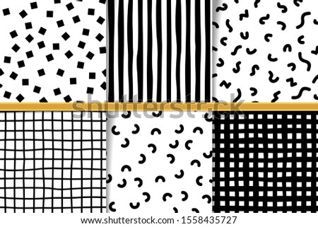 Set of abstract hand drawn monocolor seamless patterns. Monochrome backgrounds irregular geometric shapes. Hand drawn lines and memfis backdrops. Fabric flaps, textile patches collection.