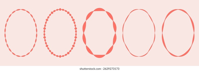 Set of abstract hand drawn oval frames in coral red color. Minimalist geometric borders perfect for modern design, branding, packaging, invitations, and digital projects.