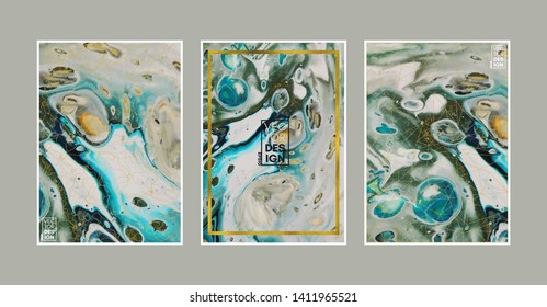 Set of abstract hand drawn painting cards, posters or background. Swirls of marble or the ripples of agate. Liquid marble acrylic texture. Fluid art. Underwater world. Vector illustration