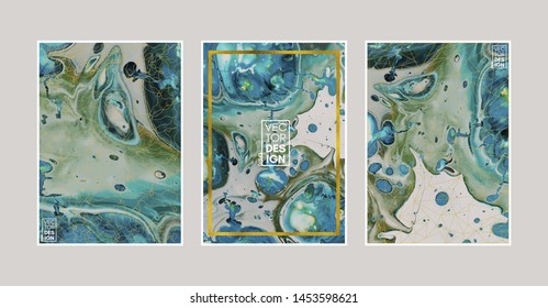 Set of abstract hand drawn painting cards, posters or background. Swirls of marble or the ripples of agate. Liquid marble acrylic texture. Fluid art