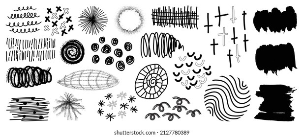 Set of abstract hand drawn patterns and organic line in circle. Elements of watercolor brush, curved and wavy line, scribble and brush stroke. Collection for product design, marketing, ads and decor.