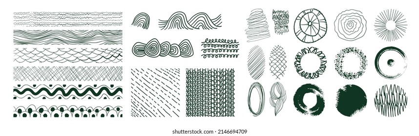 Set of abstract hand drawn patterns and organic line in circle. Elements of watercolor brush, curved and wavy line, scribble and brush stroke. Collection for product design, marketing, ads and decor.
