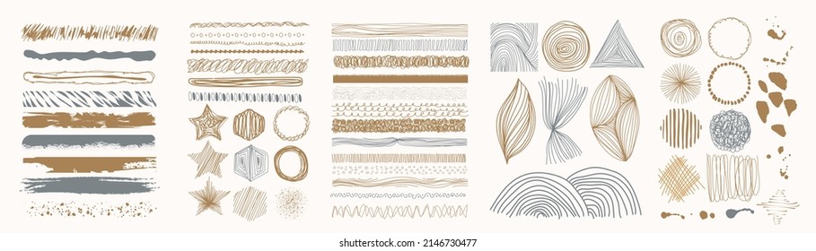 Set Of Abstract Hand Drawn Patterns And Organic Line In Circle. Elements Of Watercolor Brush, Curved And Wavy Line, Scribble And Brush Stroke. Collection For Product Design, Marketing, Ads And Decor.