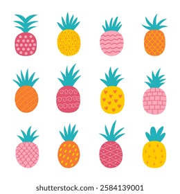 Set of abstract hand drawn pineapples. Exotic fruits. Isolated on white background.