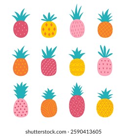 Set of abstract hand drawn pineapples. Exotic fruits. Isolated on white background.
