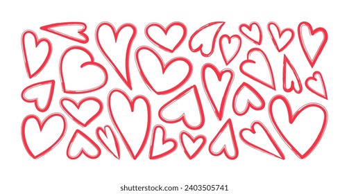 Set of abstract hand drawn red hearts. Brush stroke line. Grunge texture. Trendy modern design. Vector illustration for Valentine's Day.