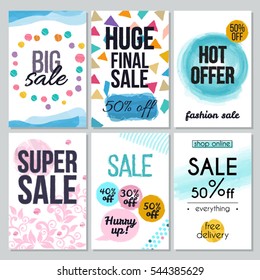 Set of abstract hand drawn sale cards for season sale,fashion discounts, flyers,posters,apps,websites,printing materials etc.Colorful banners for sale advertising.