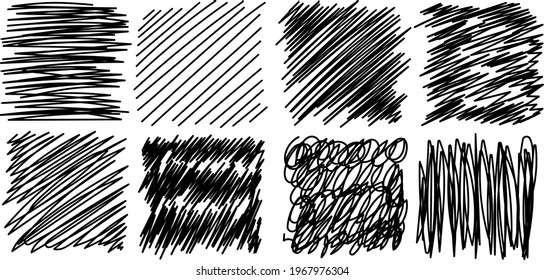 Set of abstract hand drawn scribble art. Sketch graphic design isolated on white background.