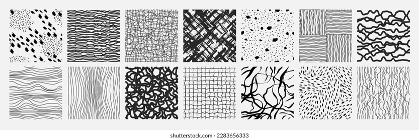 Set of abstract hand drawn seamless pattern set. Contemporary minimal modern trendy freehand doodle. Templates for social media icons, posters. Vector
