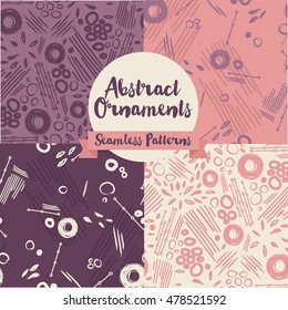 Set of abstract hand drawn seamless background, pink and lilac colours, vector illustration