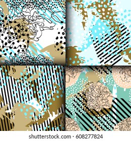 Set of abstract hand drawn seamless pattern with geometric and brush painted elements. Vector textured colorful background. Modern poster, card, textile, wallpaper template, wrapping paper designs.