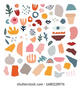 Set of abstract hand drawn shapes, flowers, floral elements, brush strokes and torn papers. Flat modern artistic, minimalist design.  Decorative isolated vector illustrations for textile, prints.