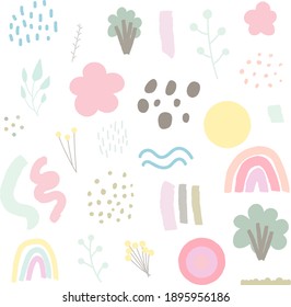 Conjunto de formas abstractas dibujadas a mano, flores, elementos florales y naturales. Diseño moderno y plano, artístico y minimalista. Ilustraciones vectoriales aisladas decorativas para textiles, impresiones, patrones.
