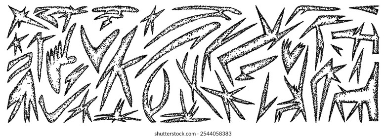 Set of abstract hand drawn shapes with noise texture. Funky doodle graphic asset. Trendy grunge style design elements. Vector figures.