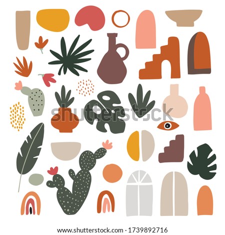 Set of abstract hand drawn shapes, leaves, flowers, geometric elements. Flat modern artistic, minimalist design. Cactus, palm, monstera leaves, ceramics vases, windows.  Decorative isolated vectors
